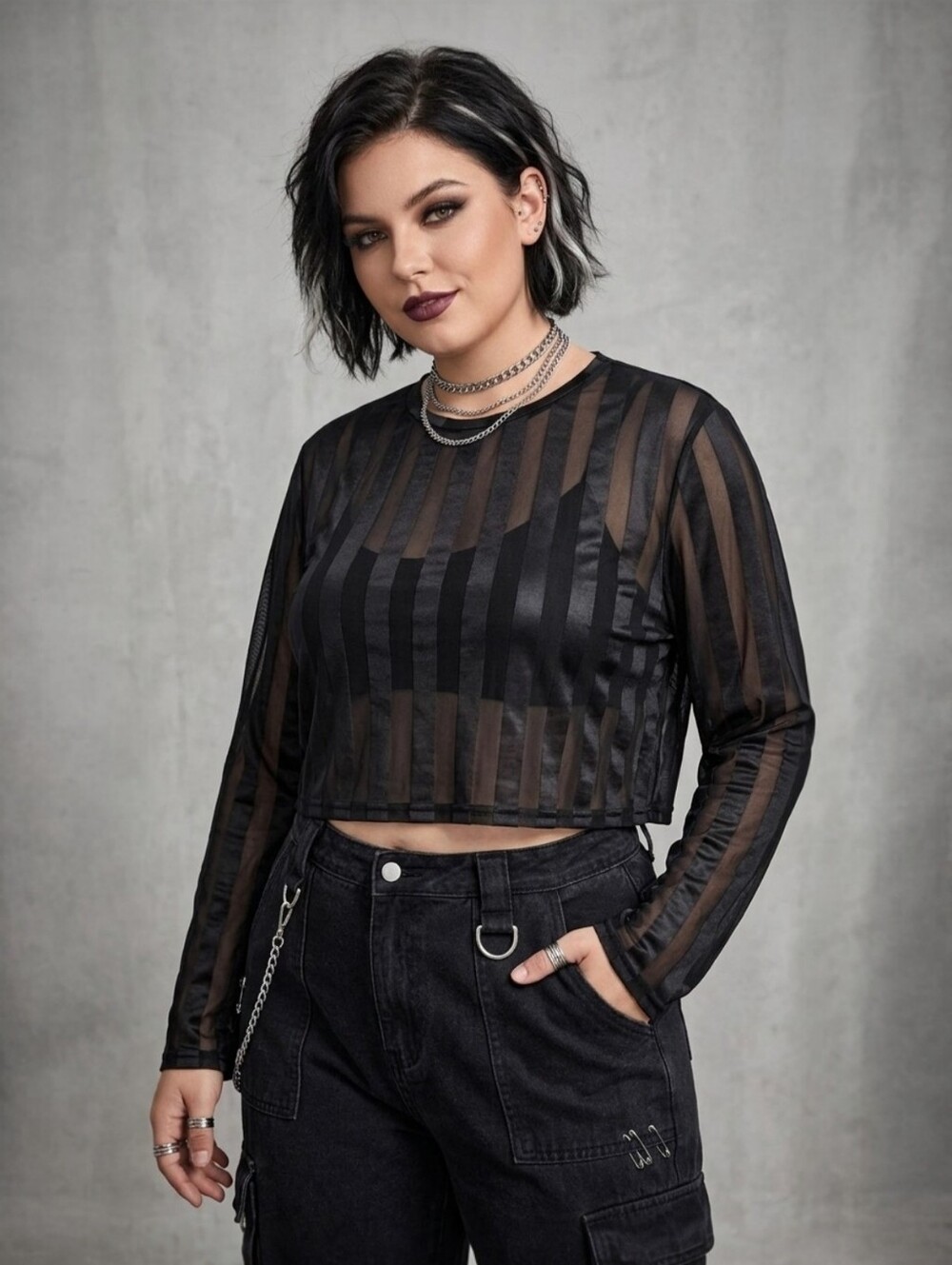 *2/20$* SHEIN Curve Sheer Striped Mesh Crop Top - Size 2XL